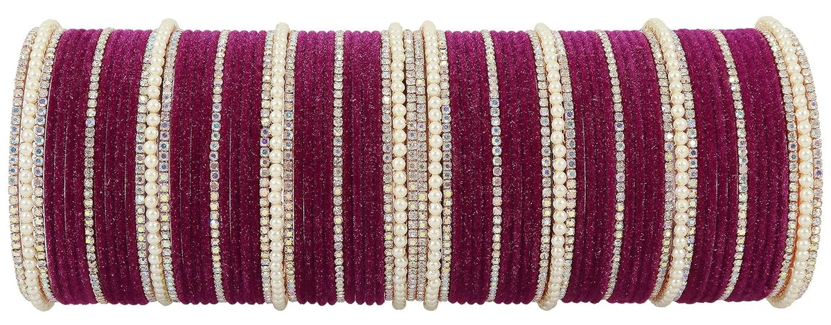 NMII Metal with Cubic Zirconia and Pearls Velvet Bangles For Women and Girls