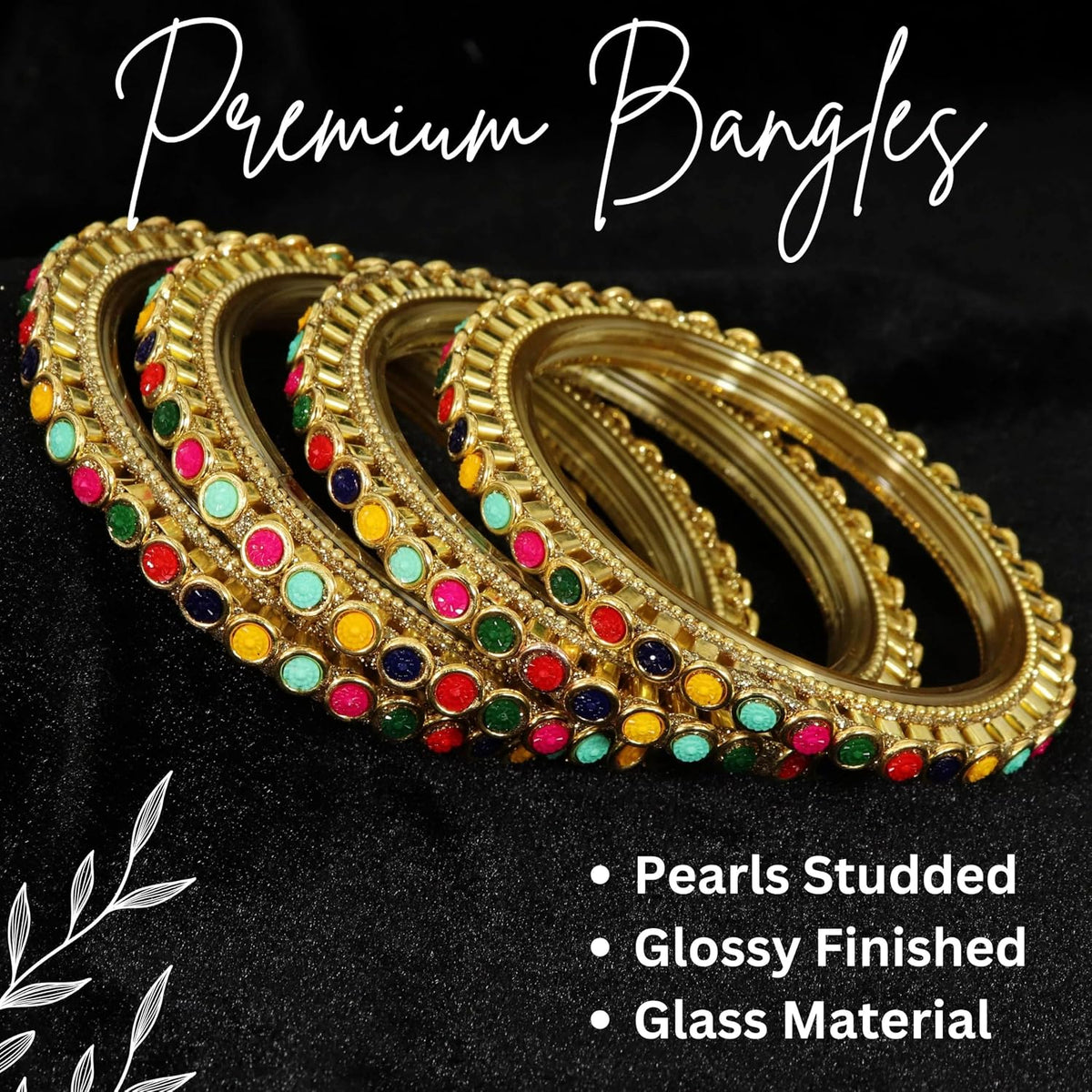 NMII Glass Golden Zircon Gemstone & Colorful Beads Studded Bangles Kada Set For Women & Girls | Traditional Stylish Kangan | Bangles For Women Glass | Wedding, Party, Occasion Wear Bangle- Set of 4