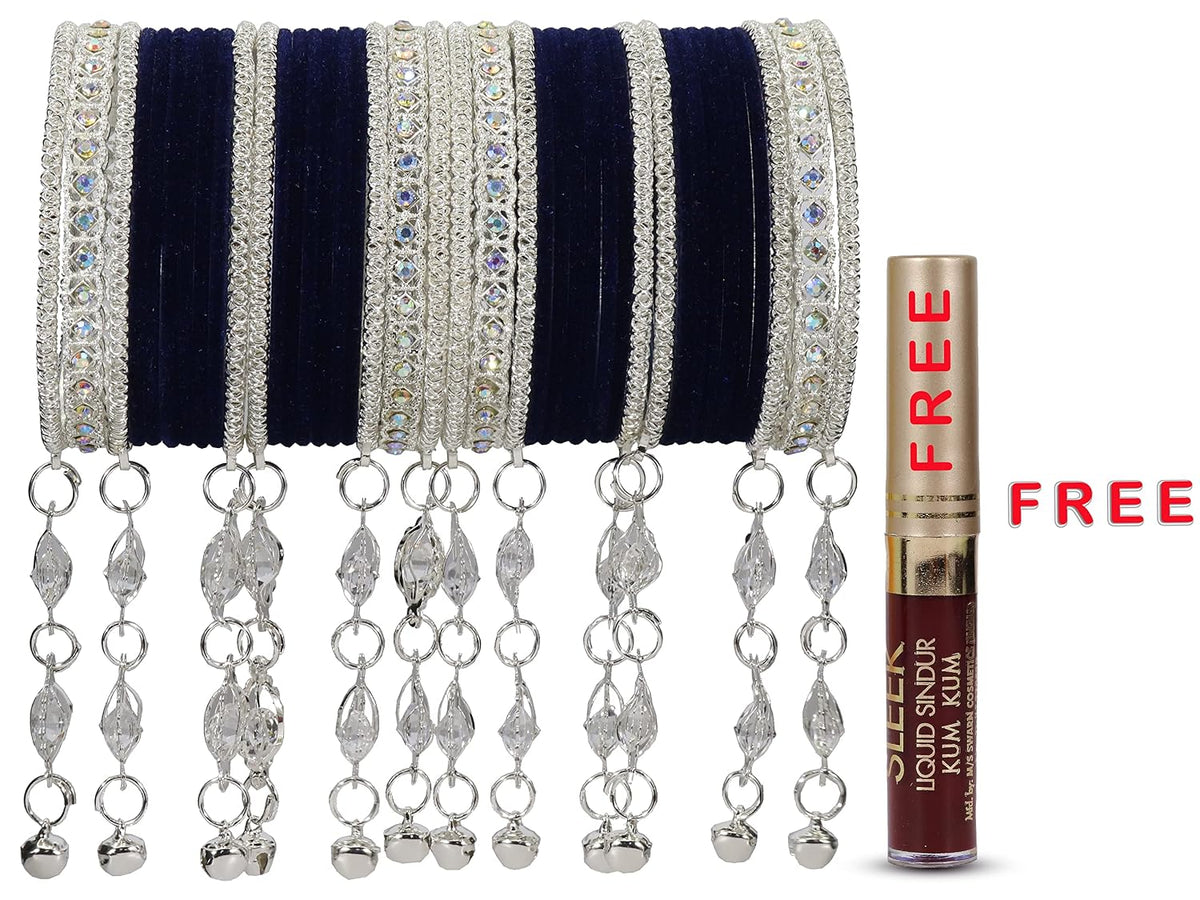 NMII Metal With Zircon Gemstone and Bells Latkan Linked Velvet Bangles For Women and Girls