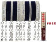 NMII Metal With Zircon Gemstone and Bells Latkan Linked Velvet Bangles For Women and Girls