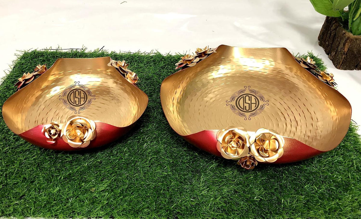 DSH Urli Bowl for Floating Flowers and Candles (Red and Gold) - Set of 2