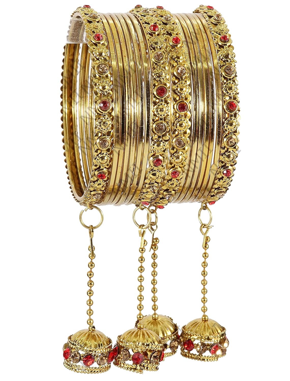 NMII Traditional Metal Bangles Set For Women & Girls with Zircon Gemstone & Latkan | Stylish Oxidised Look Gold Plated Bangles | Women's Fashion Jewellery
