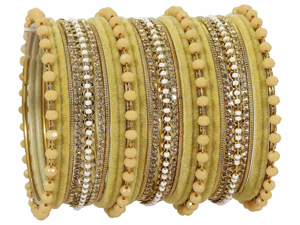 NMII Metal With Zircon Gemstone and Pearls Studded Velvet Bangles For Women and Girls