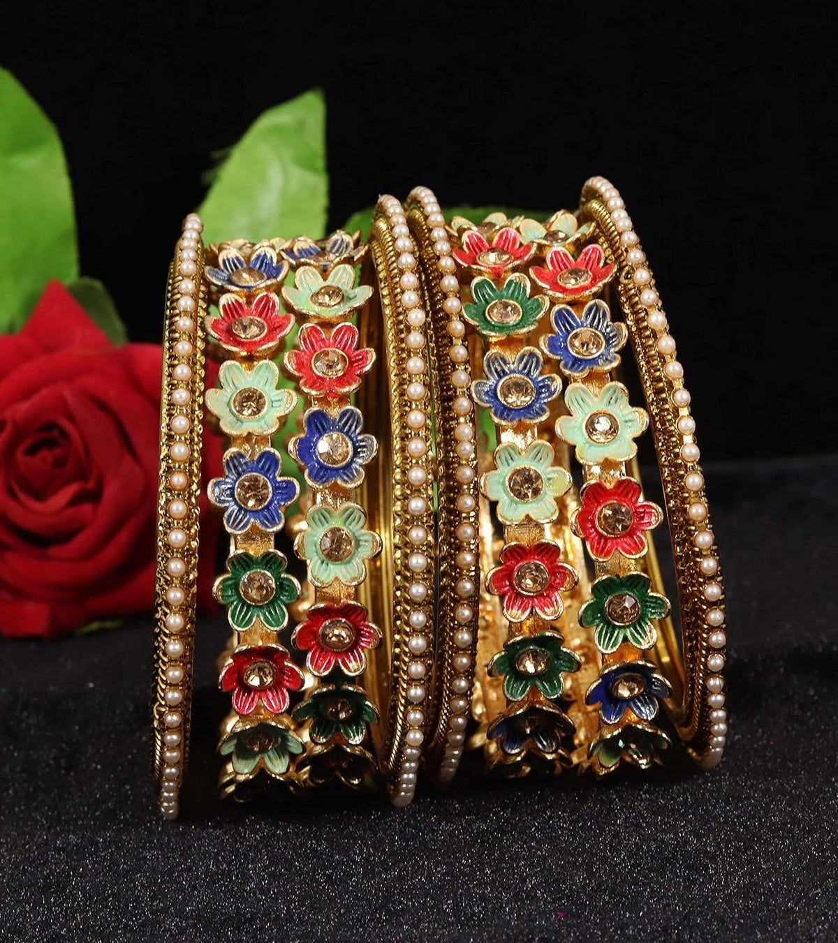 NMII Non-Precious Metal with Base Metal Meenakari Worked Zircon Gemstone or Pearls Studded Glossy Finished Flower Pattern Bangle set for Women and Girls