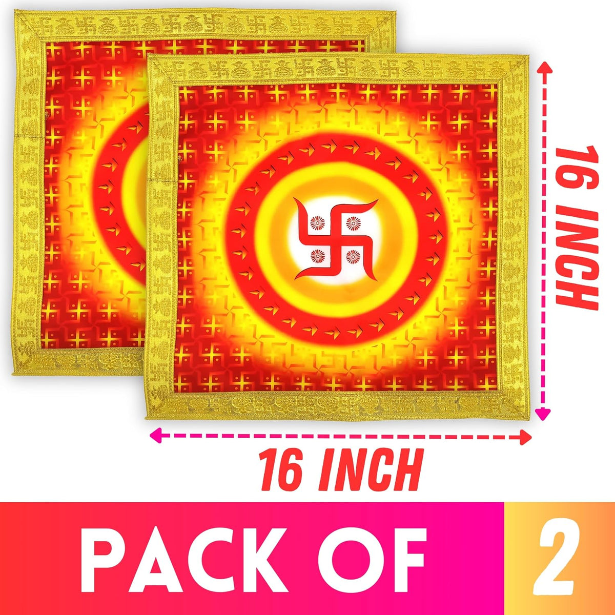 Bhakti Lehar Printed Silk Satin God Chowki Aasan Cloth for Puja (Size: 16" x 16" Inch) | Pooja Assan Kapda | Satin Altar Cloth Mat for Puja Mandir, Temple and Decoration (Set of 2)