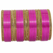 NMII Non Precious Metal with Base Metal Zircon Gemstone Studded Glossy Finished and Textured Design Traditional Bangle set for Women and Girls