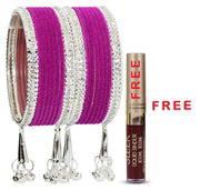 NMII Metal with Zircon Gemstone and Velvet Studded Bells Latkan Bangles Set For Girls and Women I Latkan Bangles, Premium Bangle Bracelet Set I Pack of 16 Bangles