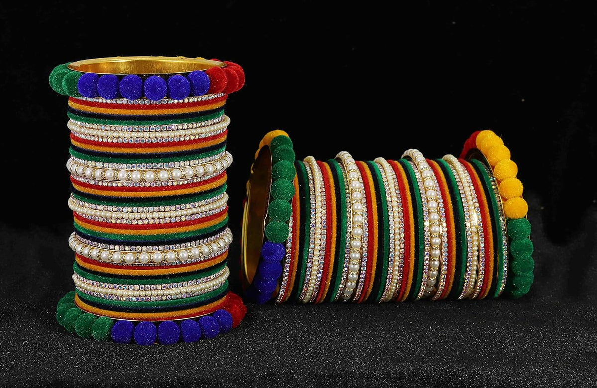 NMII Premium White Stone & Pearls Moti Velvet Bangles Bridal Chuda Set For Women & Girls | AD Chuda Set | Bangles For Women Traditional | Bangles For Wedding, Party, Occasion Jewellery- Set of 86