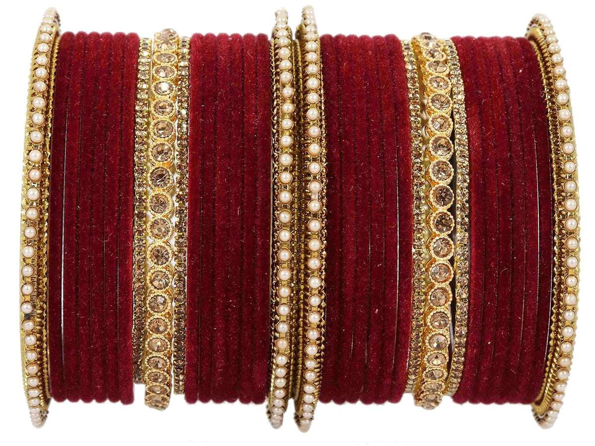 NMII Traditional Metal Velvet Bangles For Women and Girls Studded Zircon Diamond Stone & Pearls | Stylish Women's Bangles | Metal bangles | Gold Plated