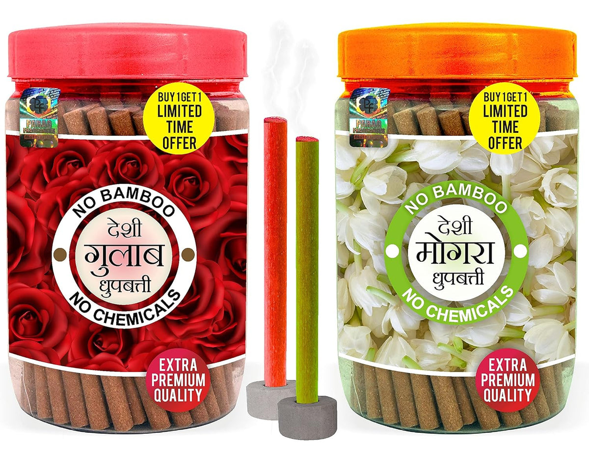 Parag Fragrances Rose & Mogra Dhoop Sticks / 200gm Combo Pack / गुलाब और मोगरा धूपबत्ती / Made with Natural Rose & Mogra Powders / गुलाब और मोगरा धूपस्टिक्स जार