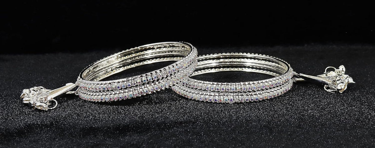 NMII Alloy Metal With Zircon Gemstone and Bells Latkan Linked Traditional Bangles Set For Girls and Women