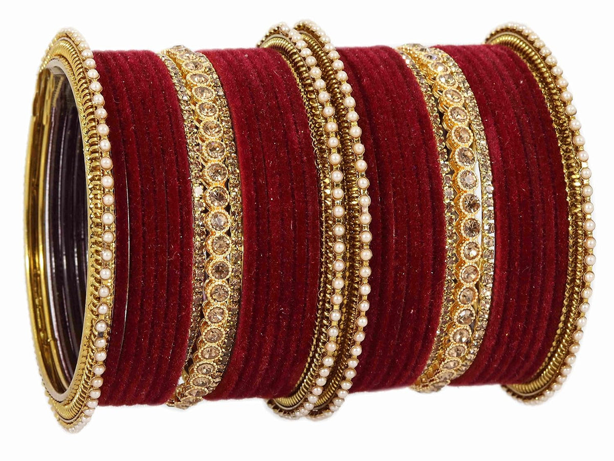 NMII Traditional Metal Velvet Bangles For Women and Girls Studded Zircon Diamond Stone & Pearls | Stylish Women's Bangles | Metal bangles | Gold Plated