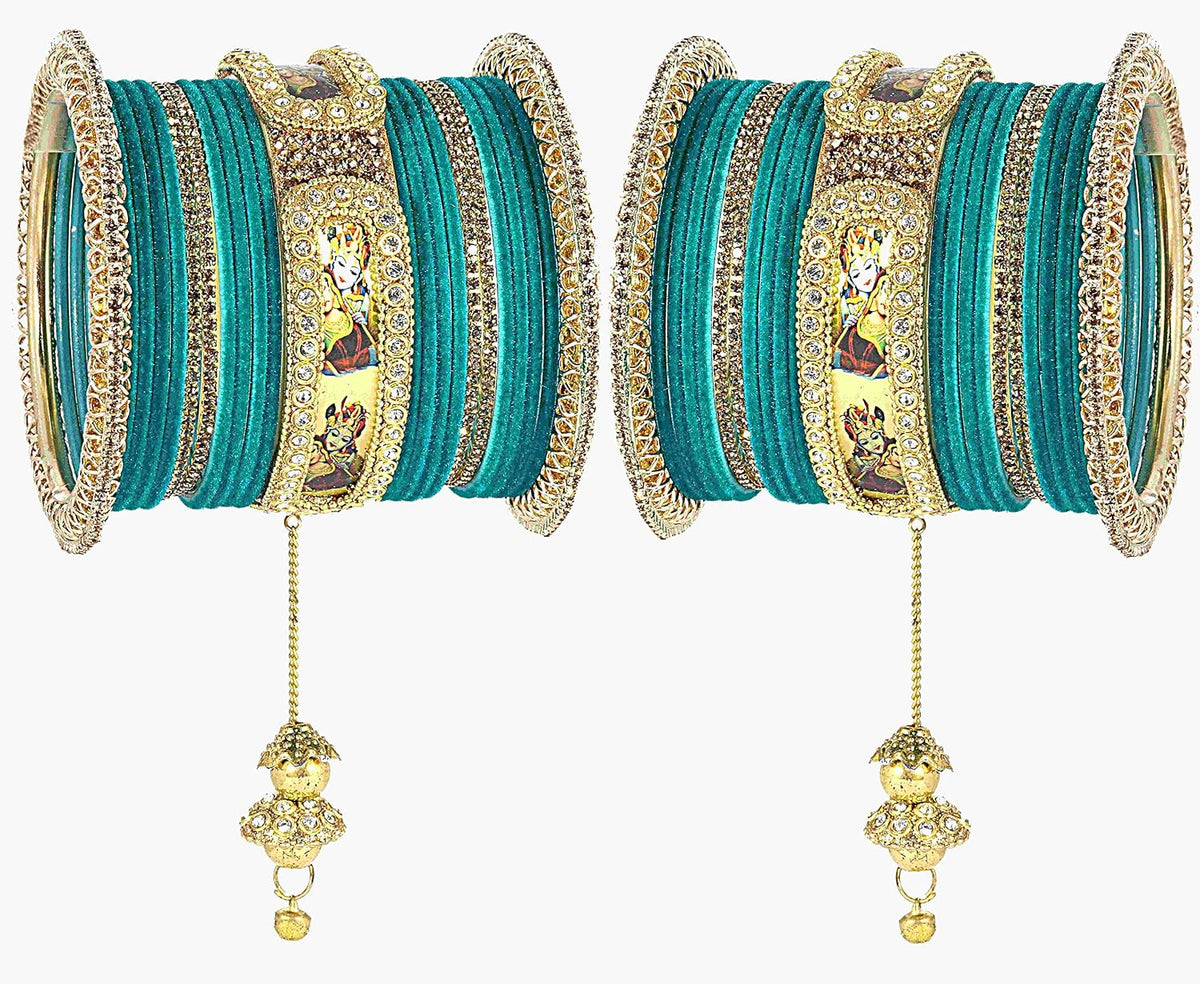 NMII Non-Precious Metal Base Metal With Velvet and Raadha Krishna Printed Design Or Zircon Gemstone Pearls Latkan Bangles Set For Women and Girls