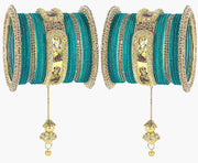 NMII Non-Precious Metal Base Metal With Velvet and Raadha Krishna Printed Design Or Zircon Gemstone Pearls Latkan Bangles Set For Women and Girls