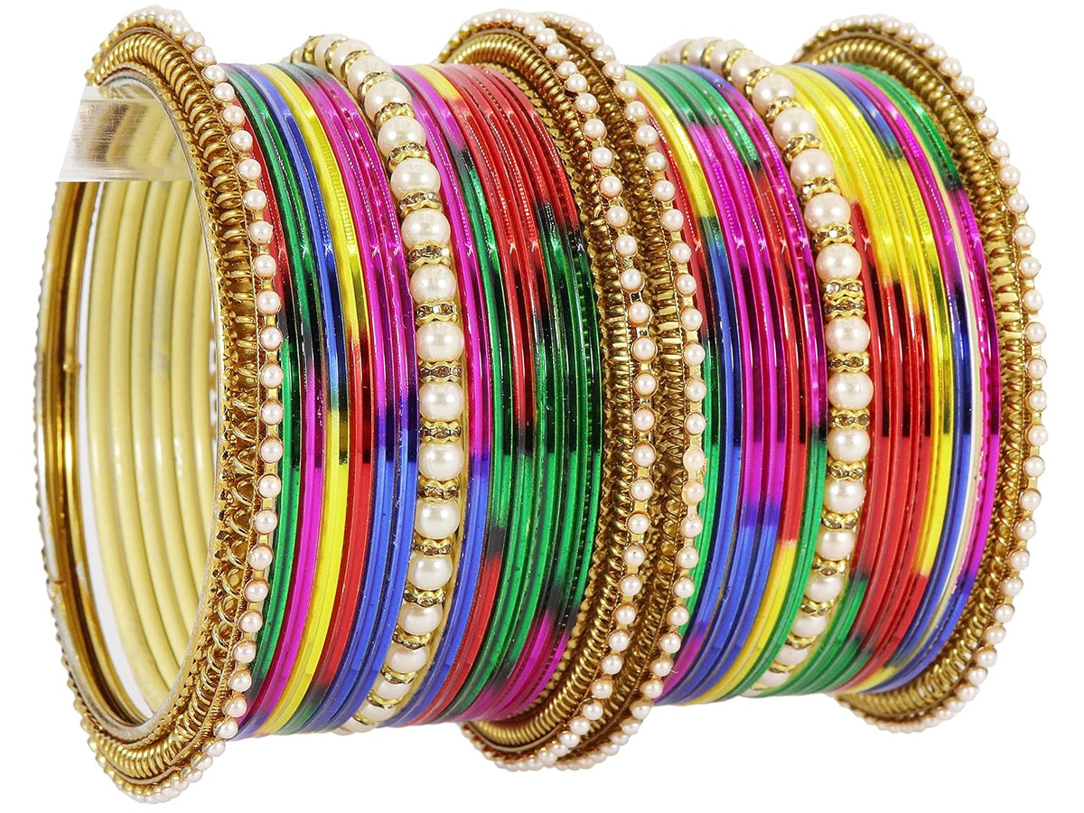 NMII Non-Precious Metal Base Metal Studded with Zircon Gemstone Or Pearl Glossy Finished Bangle Set For Women and Girls