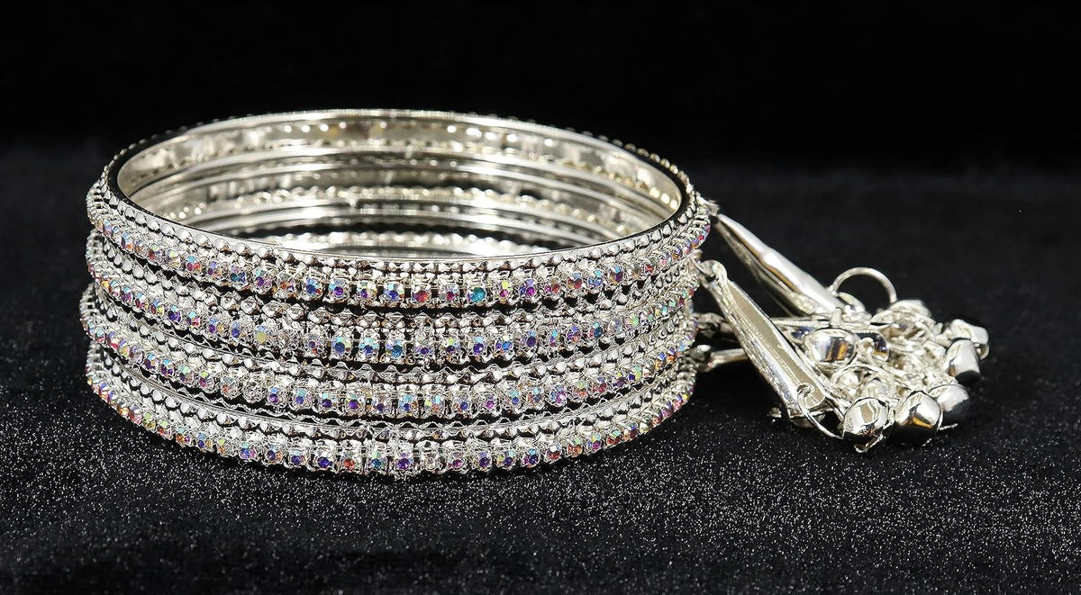 NMII Alloy Metal With Zircon Gemstone and Bells Latkan Linked Traditional Bangles Set For Girls and Women