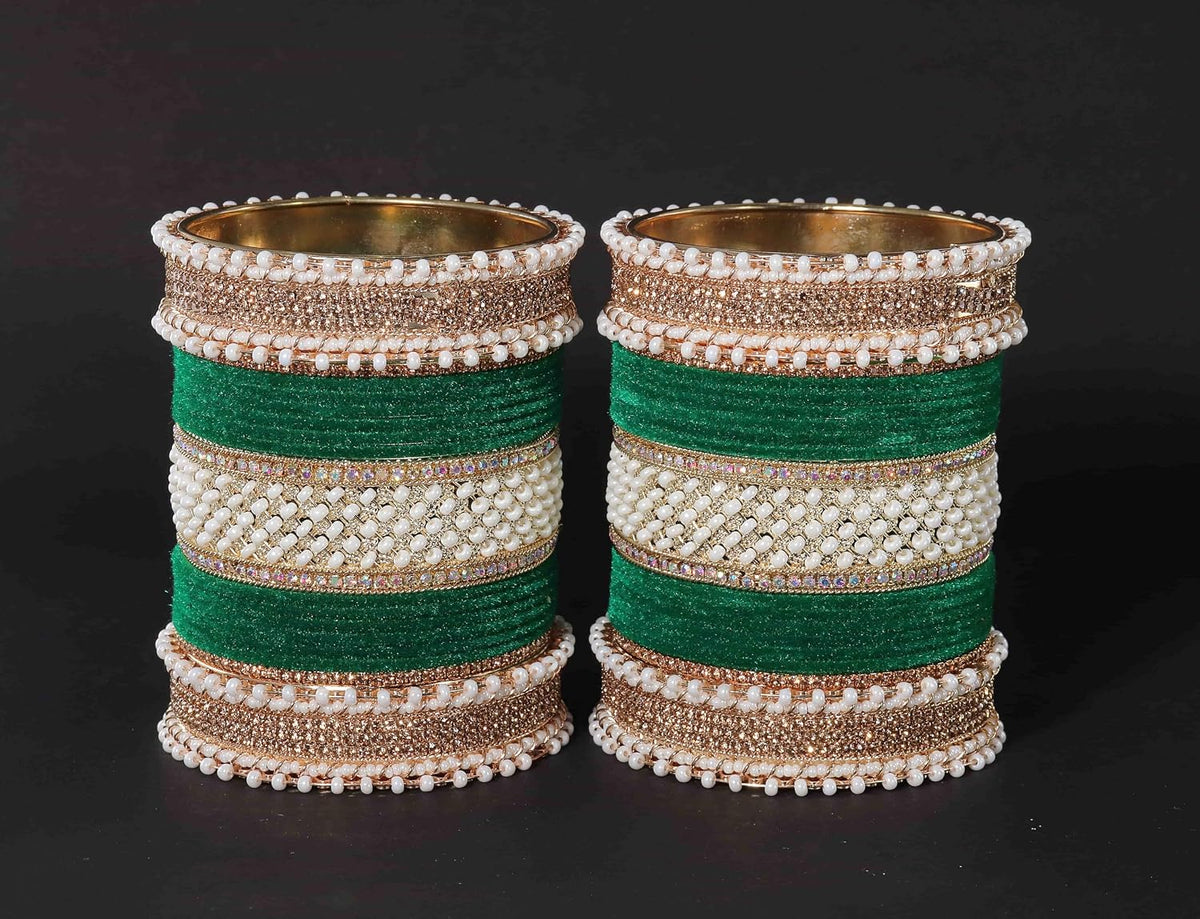 NMII Golden Metal Chuda Bangles Set For Bridal Women & Girls with Zircon Diamond, White Motis & Velvet Bangles | Latest Trendy Chooda Set | Bangles Set For Wedding, Party, Occasion- Set of 34