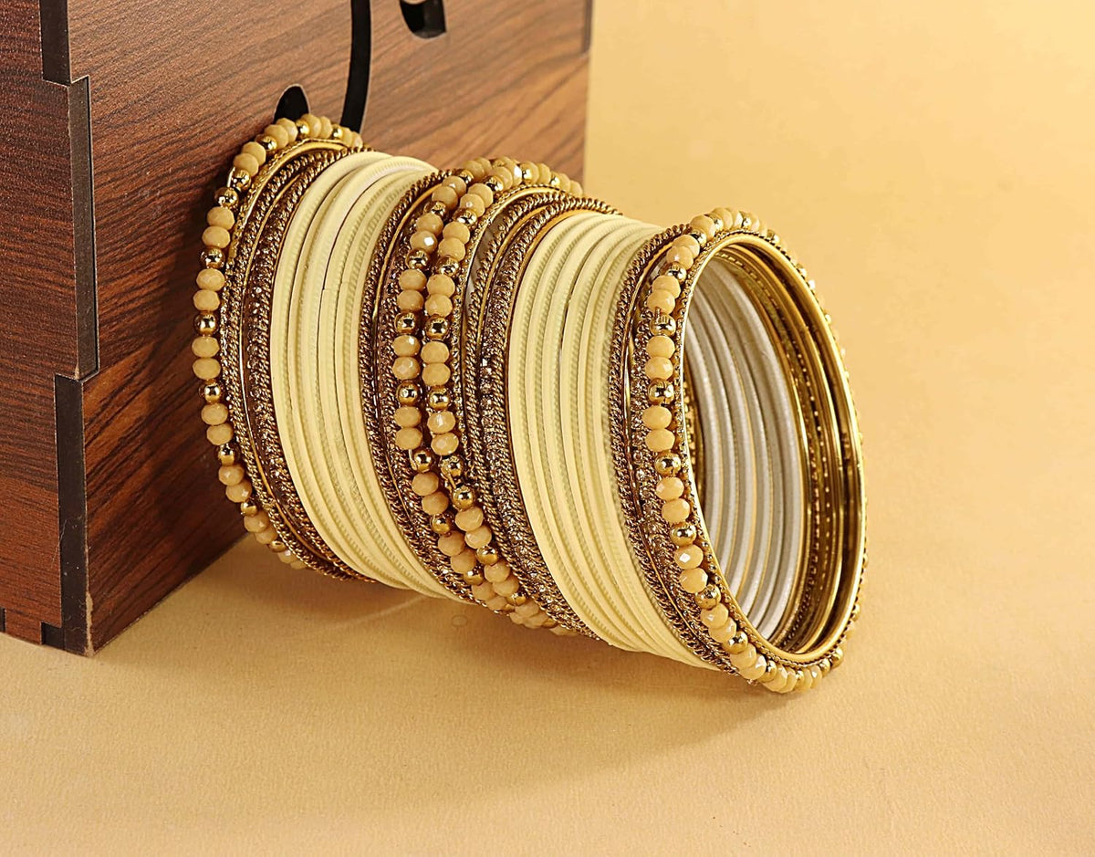 NMII Traditional Alloy Metal With Zircon Gemstone & Beads Chuda Bangles Set For Women & Girls | Designer Chuda For Women | Ethnic Chuda Set | Wedding, Pooja, Party, Everyday, Occasion