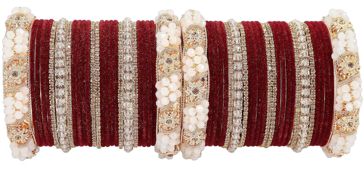 NMII Alloy Metal with Zircon Gemstone, Pearls & Velvet Adorned Alloy Bangles Set For Girls and Women