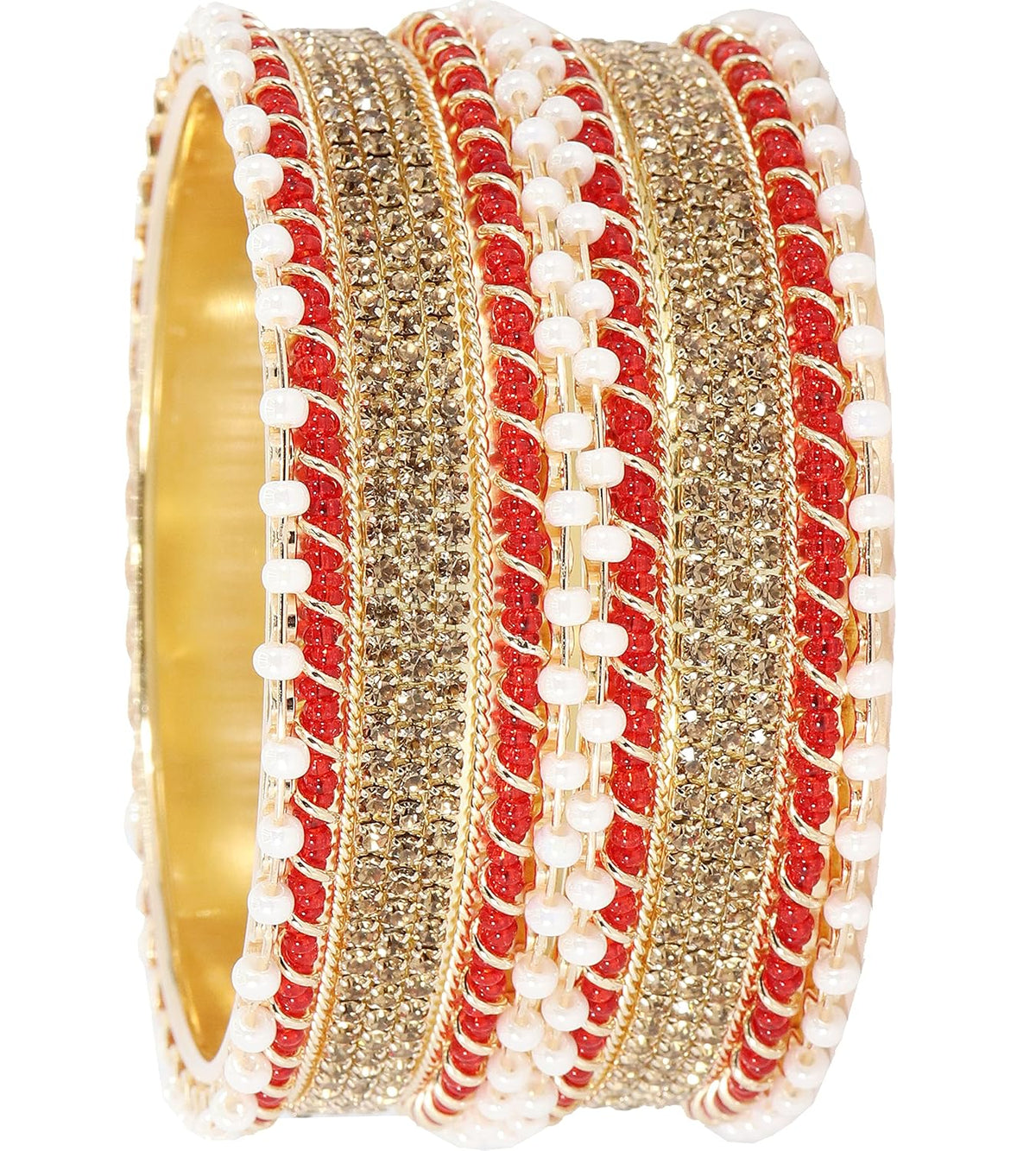 NMII Non-Precious Metal Base Metal Studded with Zircon Gemstone and linked with Pearl Chain Glossy Finished Kada/Bangle set for Women and Girls