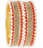 NMII Non-Precious Metal Base Metal Studded with Zircon Gemstone and linked with Pearl Chain Glossy Finished Kada/Bangle set for Women and Girls