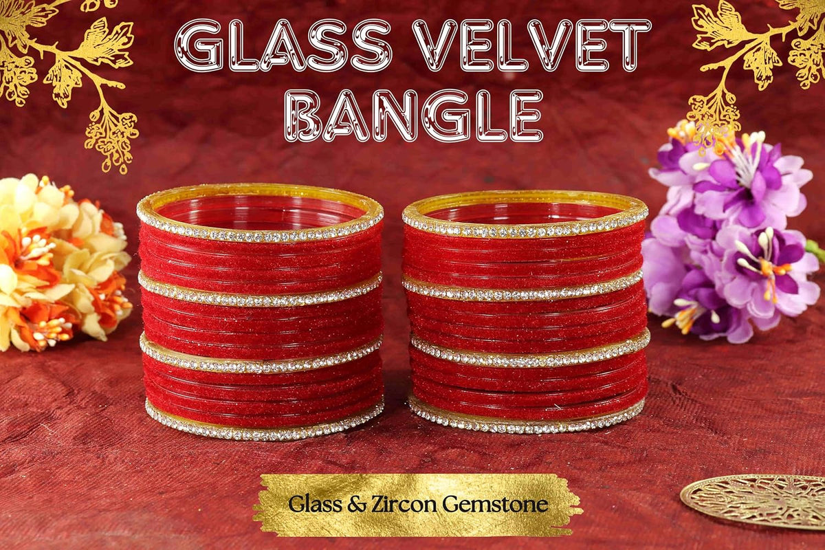 NMII Fancy Glass Golden Zircon Diamond Stone & Velvet Finish Plain Bangles Set For Women & Girls | Glass Velvet Bangles | Kanch ki Chudiyan | Girl's Bangles Bracelet | Fashion Jewellery- Set of 32