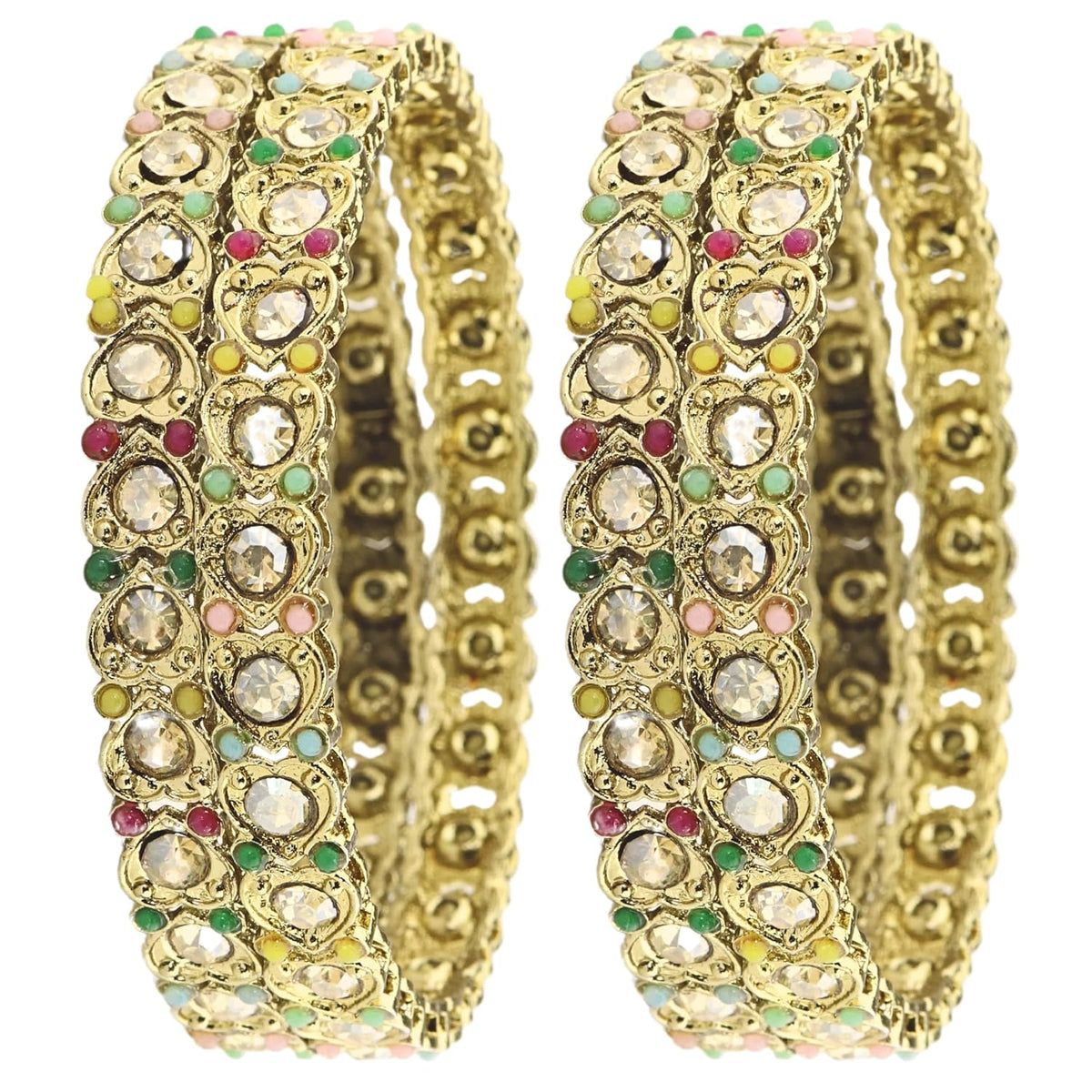 NMII Antique Metal Bangles Set Heart Design Adorned with Zircon Stones & Beads Work For Women & Girls | Trendy Girls' Bangles Bracelet Kangan Latest | Wedding, Party, Festive, Occasion- Set of 4