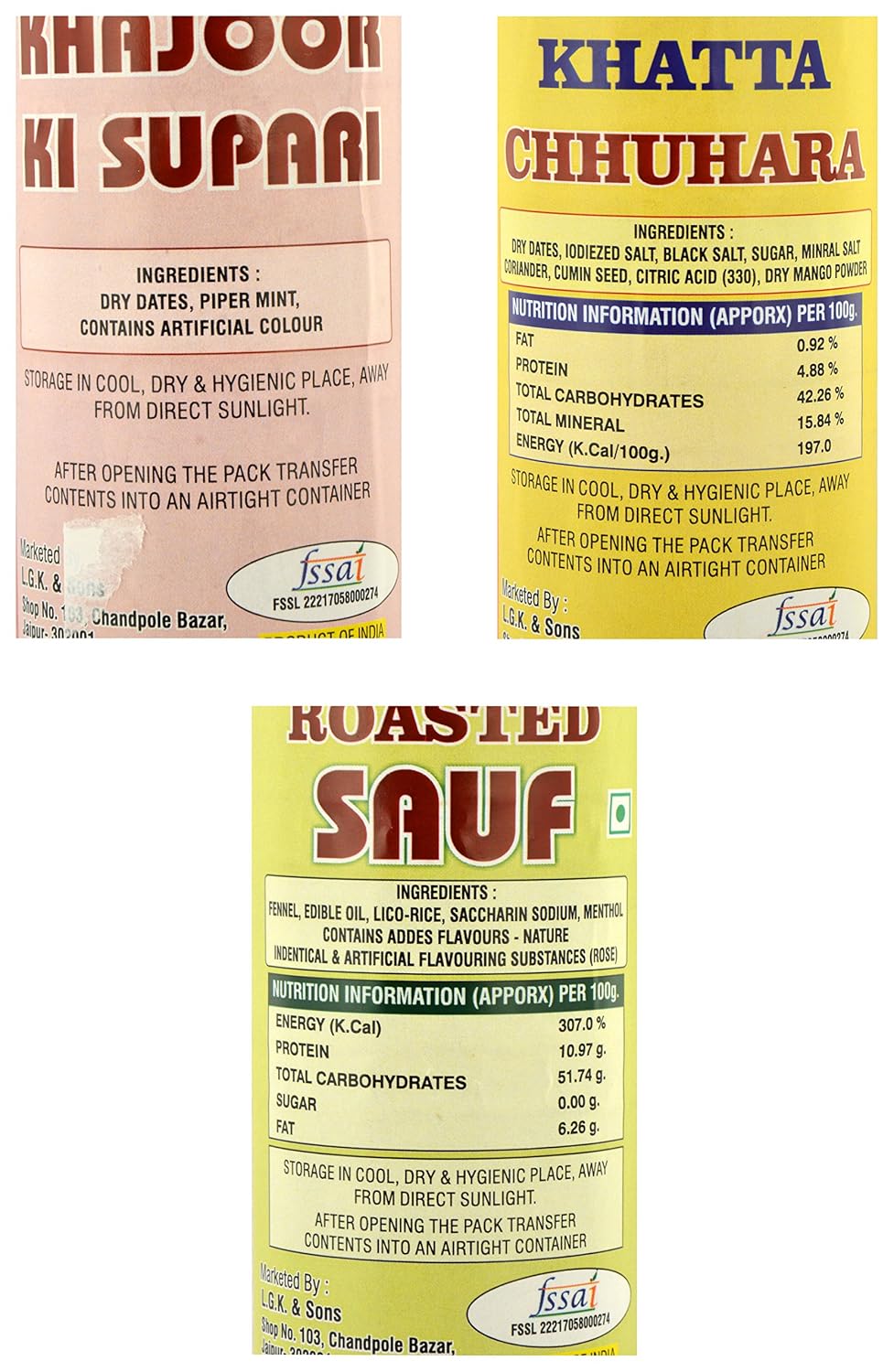 Dilkhush Khajoor Ki Supari and Khatta Chhuhara and Roasted Sauf, 400 g (Combo of 3)