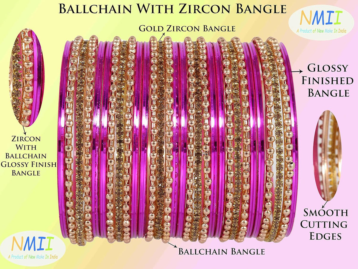 NMII Non-Precious Metal Base Metal With Zircon Gemstone and Linked With Ball Chain and Plane Bangles Set For Women and Girls