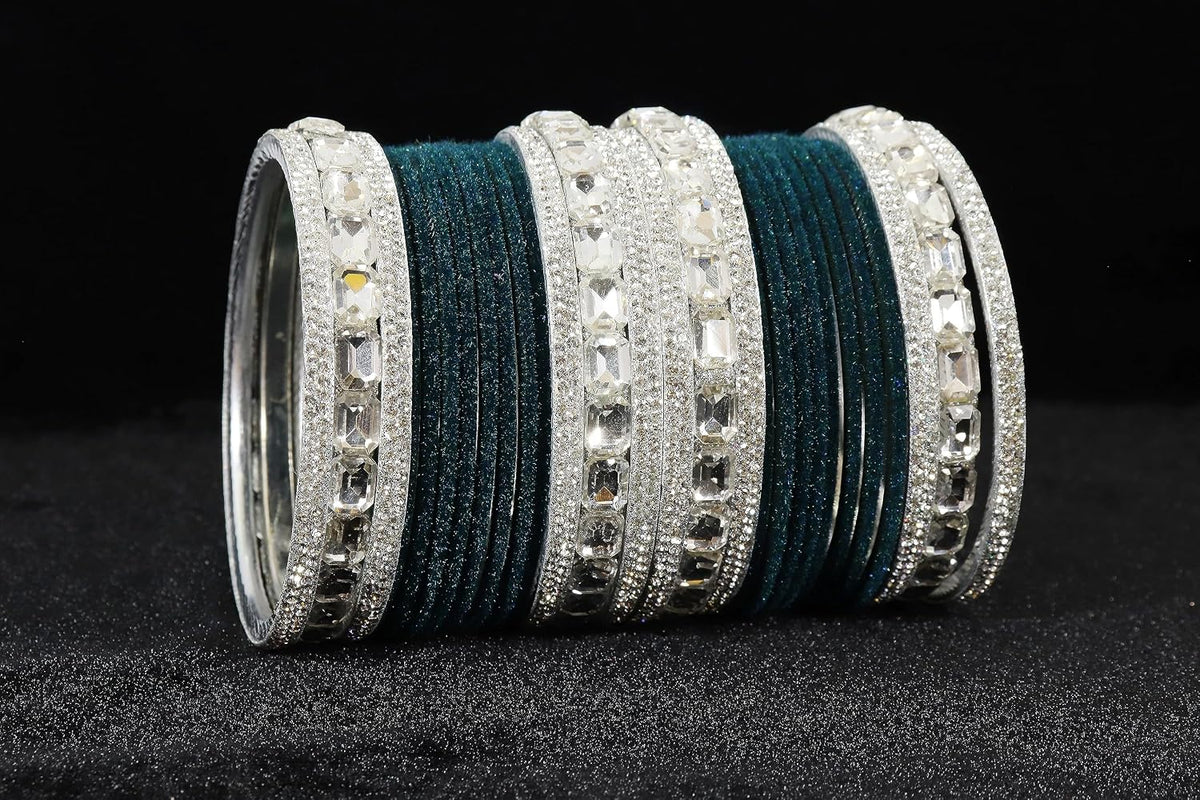 NMII Metal Bangles Set For Women and Girls Studded With Zircon Gemstone and Velvet Bangles I Chuda Bangles I Stylish Bangles Bracelet Set I Metal Bangles (Pack of 28)