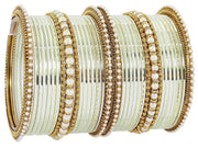 NMII Non-Precious Metal Base Metal Studded with Pearl or Zircon Gemstone and Linked with Ball Chain Glossy Finished Bangle Set For Women and Girls