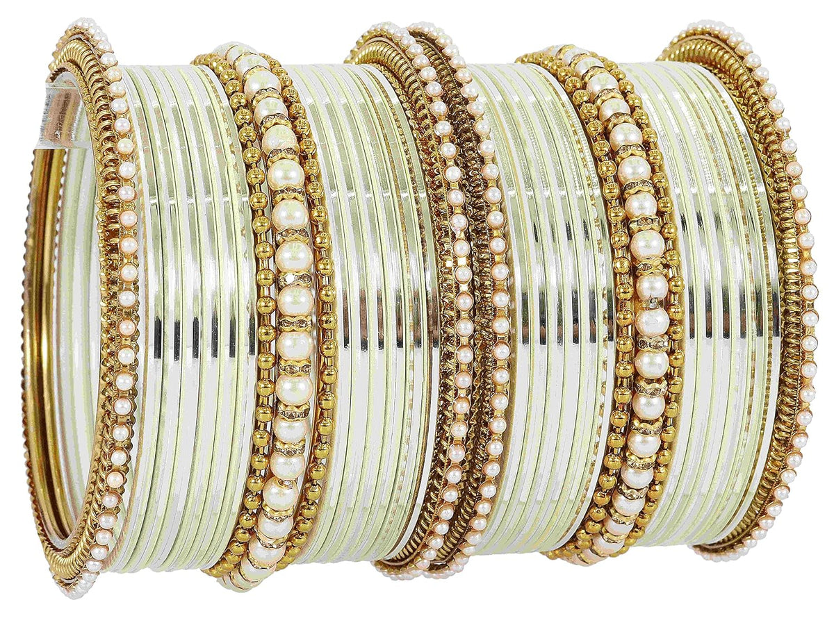 NMII Non-Precious Metal Base Metal Studded with Pearl or Zircon Gemstone and Linked with Ball Chain Glossy Finished Bangle Set For Women and Girls
