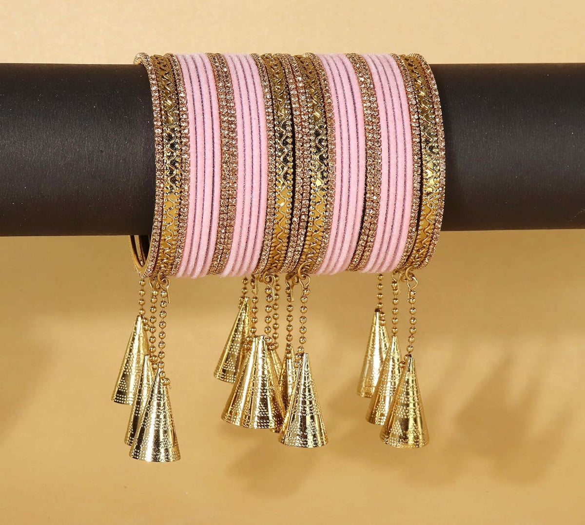 NMII Fancy Golden Latkan Metal Bangles Set For Women & Girls with Zircon Diamond & Velvet Finish | Stylish Women's Chuda Bangles | Girl's Bangles Bracelet For Wedding, Party, Occasion Wear-Set of 32