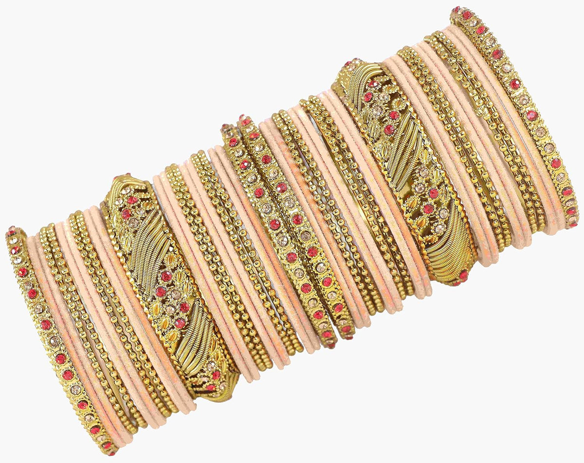 NMII Metal with Zircon Gemstone and Beads Studded Ball Chain Linked Glossy Finished Velvet Bangles Chuda set for Women and Girls