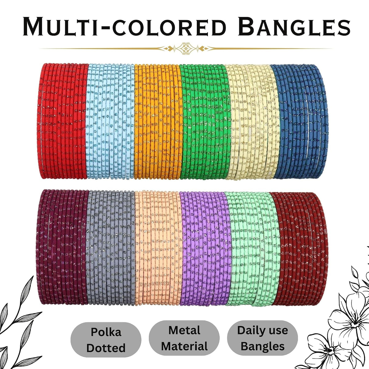 NMII Metal Colourful Bangles For Women & Girls with Glitter Zari Polka Dots | 12 Colour Bangles Combo | Simple Plain Matte Finish | Bangles For Daily use, Wedding, Party, Function- Set of 144