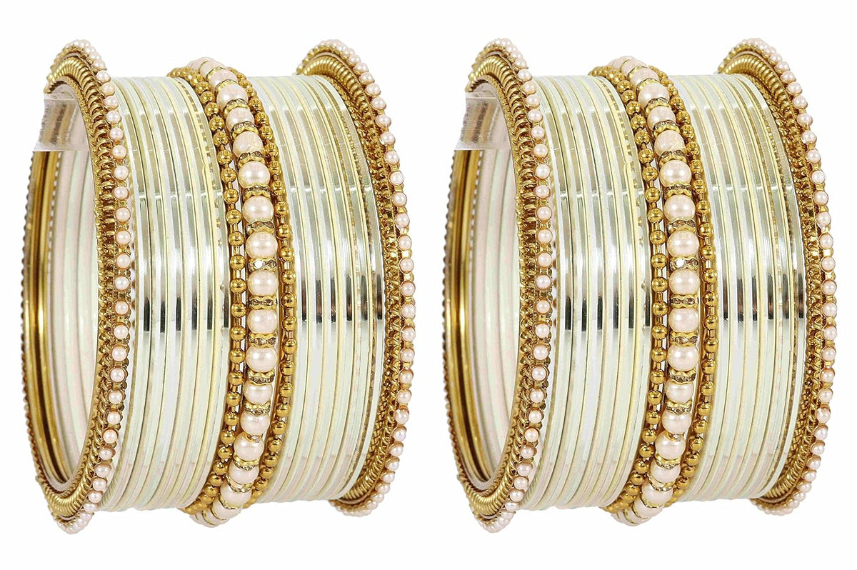 NMII Non-Precious Metal Base Metal Studded with Pearl or Zircon Gemstone and Linked with Ball Chain Glossy Finished Bangle Set For Women and Girls