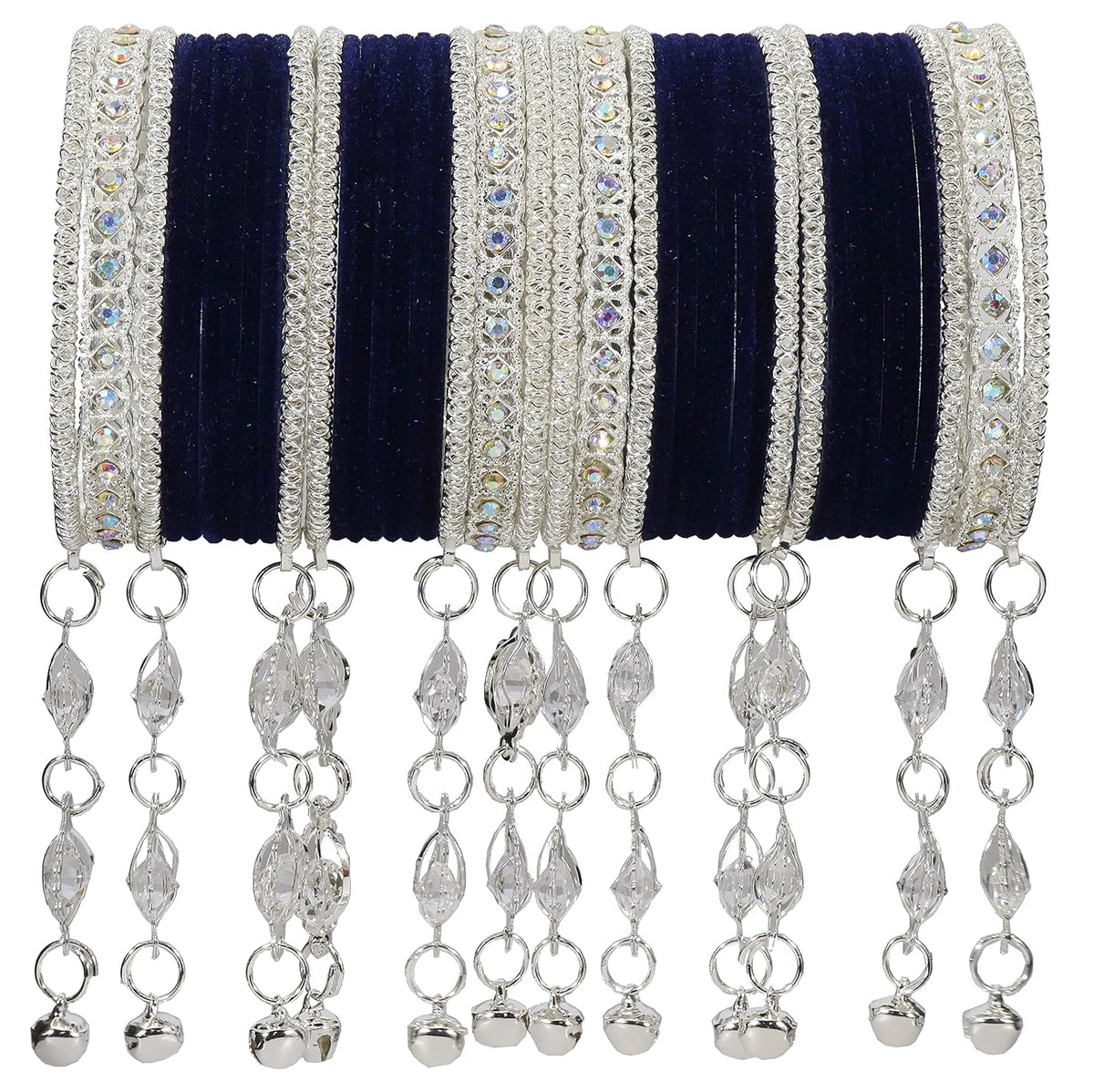 NMII Metal With Zircon Gemstone and Bells Latkan Linked Velvet Bangles For Women and Girls