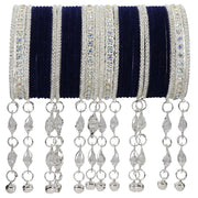 NMII Metal With Zircon Gemstone and Bells Latkan Linked Velvet Bangles For Women and Girls