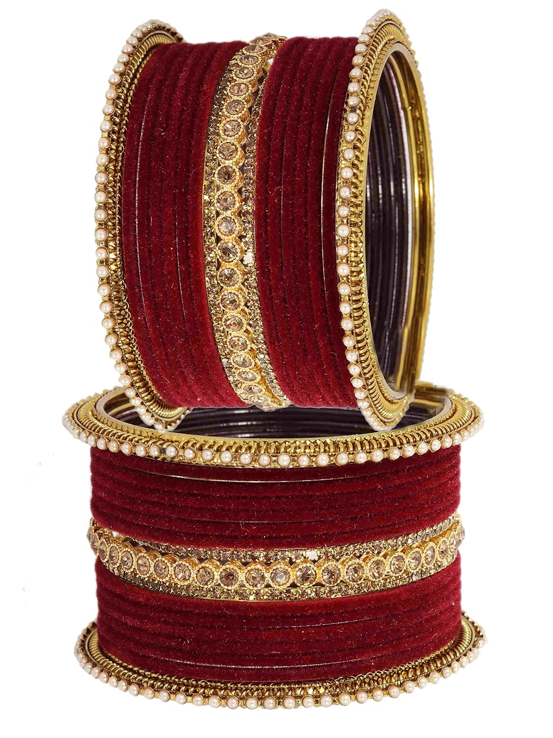 NMII Traditional Metal Velvet Bangles For Women and Girls Studded Zircon Diamond Stone & Pearls | Stylish Women's Bangles | Metal bangles | Gold Plated