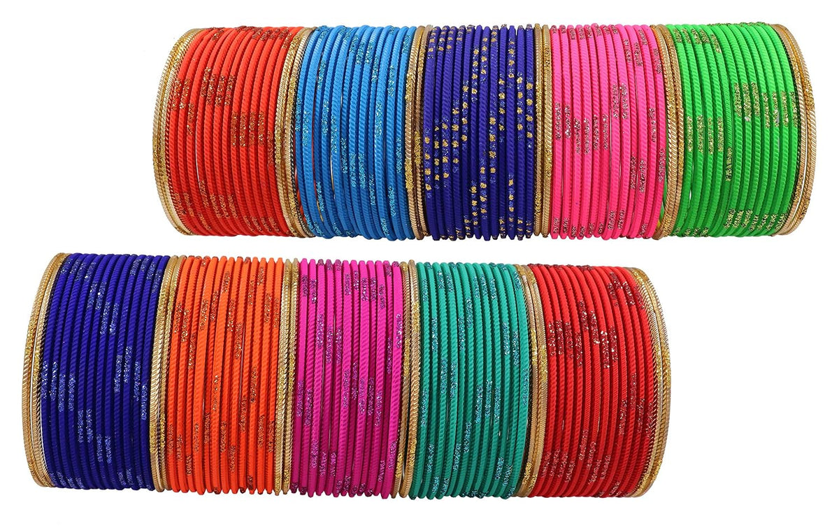 NMII Multi Colour Metal Bangles Combo Set for Women & Girls | Golden Polka Dots & Cutting Design | Plain Chudi Set | Daily Use Bangles