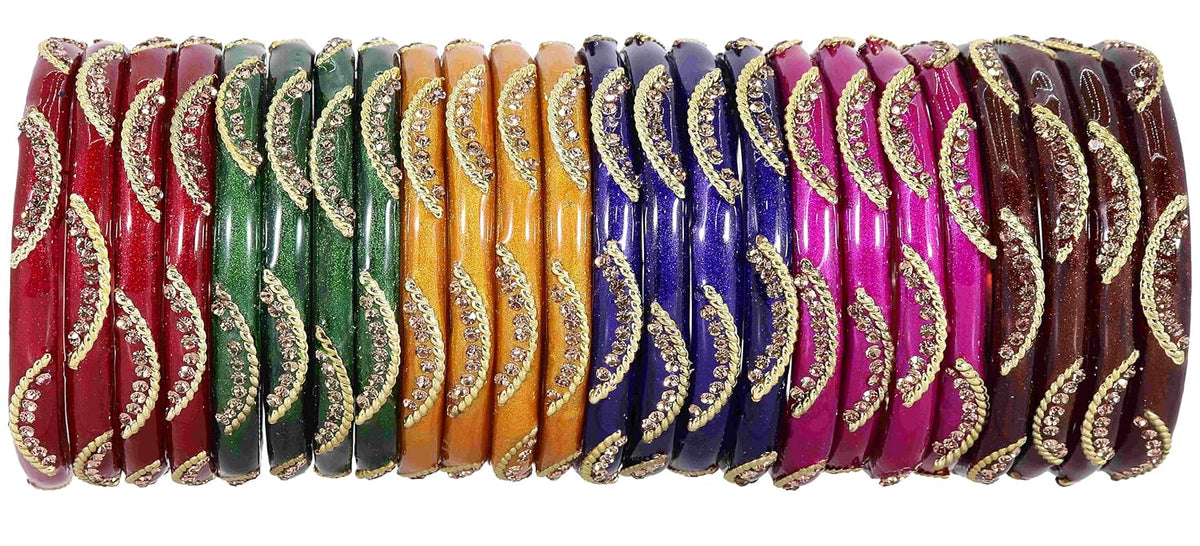 NMII Stylish MultiColour Glass Kada Set For Women & Girls with Golden Zircon Stone & Beads | Bangles For Women Glass | Kada For Women | Colourful Bangles for Women | Glass Bangles Combo- Set of 24