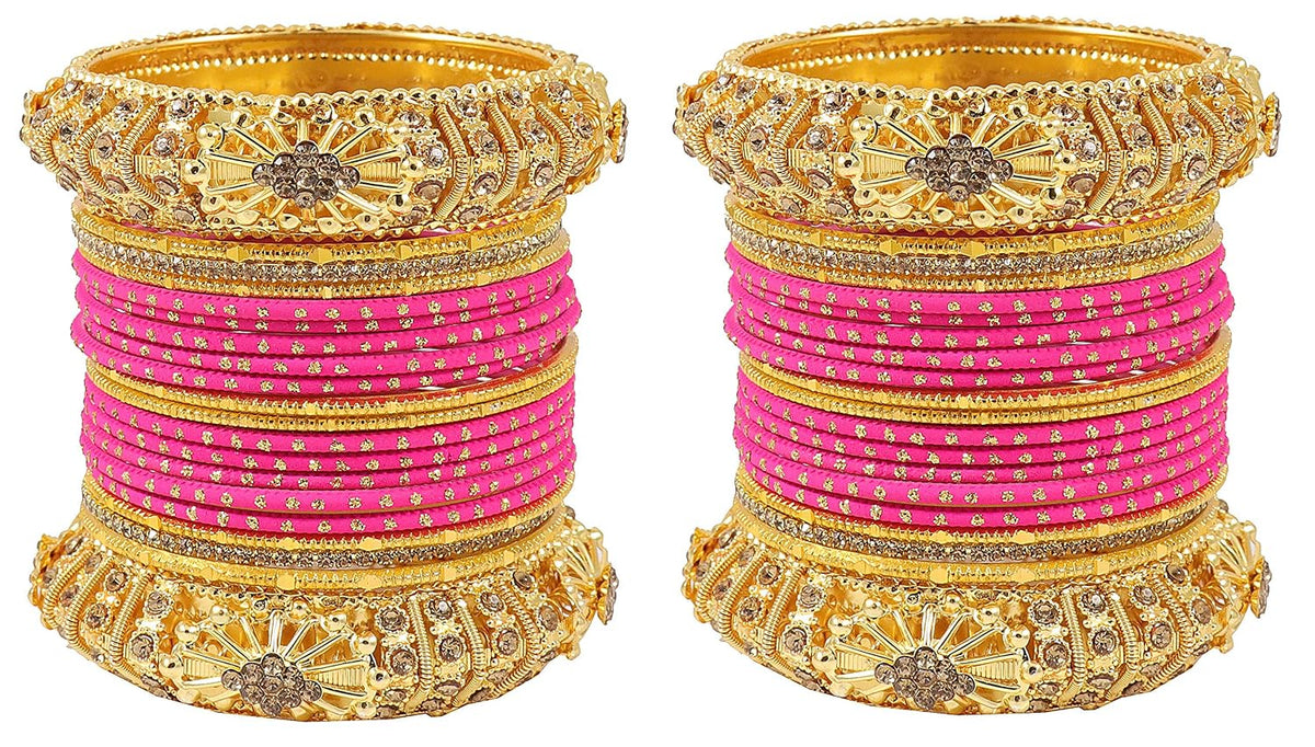 NMII Golden Polka Dotted Metal Bangles Chuda Set For Women & Girls with Zircon Stone & Beads Worked | Traditional Women's Bangles Chooda Set | Bangles For Women Latest- Set of 34