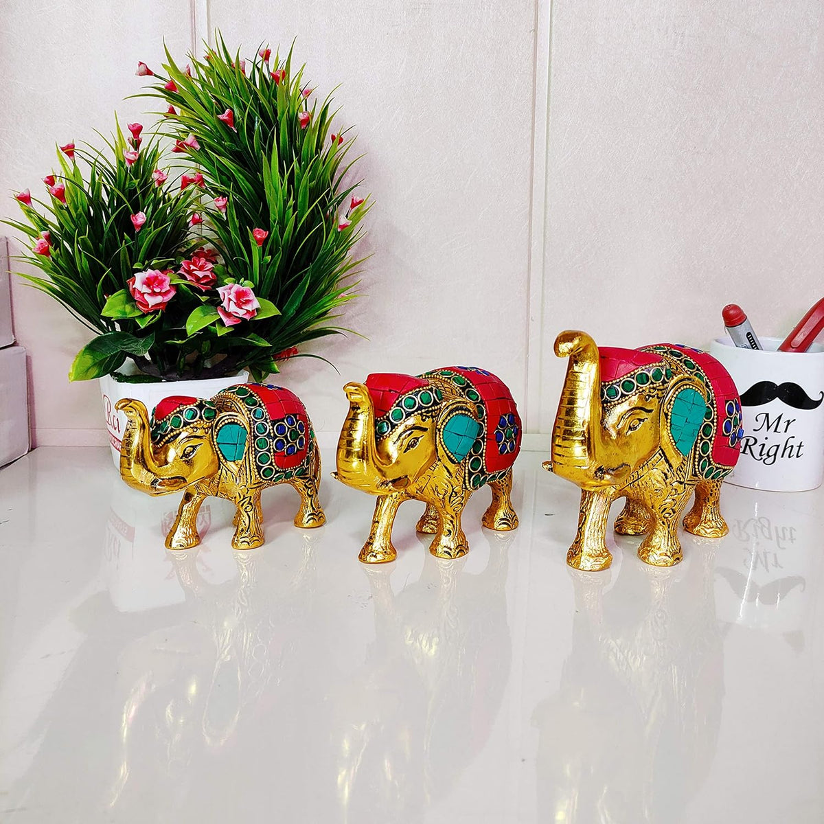 KridayKraft Metal Elephant Set with Stone Work Set for Showpiece Enhance Your Home, Office & Table and Gift for Have House Warming Anniversaries, Birthday (3 pcs)