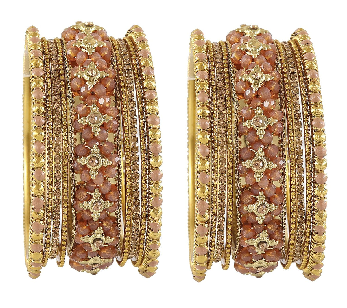 NMII Non-Precious Metal Base Metal with Zircon Gemstone Or Pearl and Flower Pattern with Ball Chain Linked Glossy Finished Bangle Set