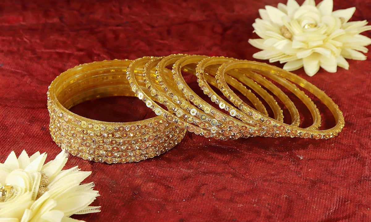 NMII Stylish Glass Bangles Set with Golden Diamond Stone & Sitara Beads Design For Women & Girls | Designer Women's Glass Bangles | Traditional Chudi Set | Girl's Bangles Fashion Jewellery- Set of 12