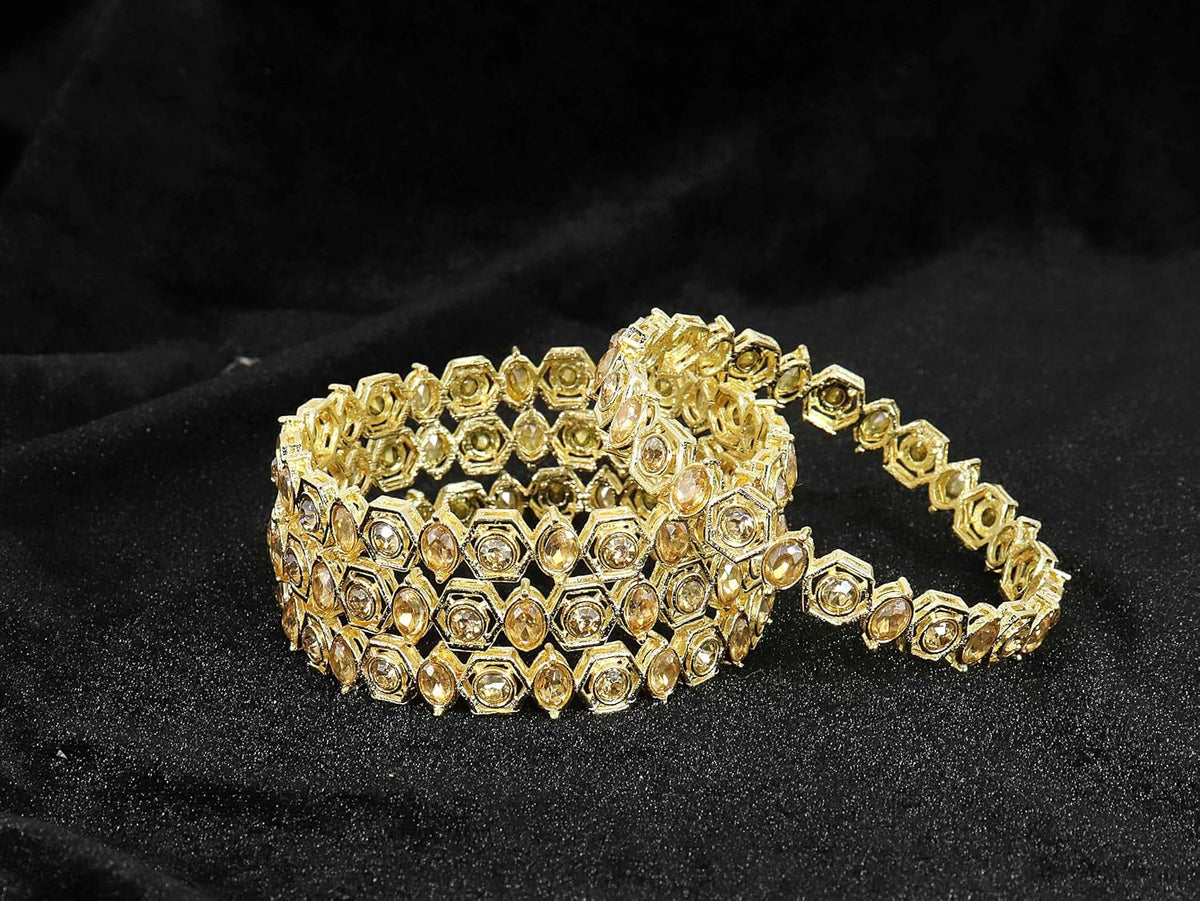 NMII Stylish American Diamond Stone Work Metal Bangles For Women & Girls | Gold Plated Bangles | Kada Set For Women | Wedding Bangles Set For Women | Latest Bangles Fashion Jewellery- Set of 4