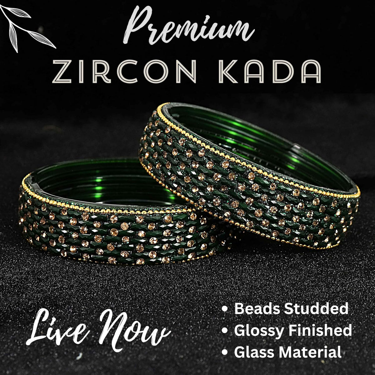 NMII Glass Golden Zircon GemStone & Beads Studded Thick Kada Set For Women & Girls | Chudi Set | Glass Bangles For Women | Fancy Kada For Women Party, Wedding, Occasion, Daily use