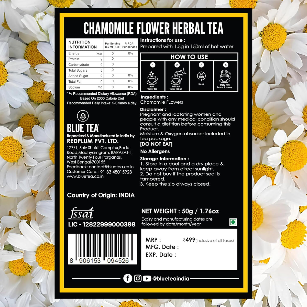 BLUE TEA - Chamomile Tea For Sleep - 50 gm (80+ Cups) | SLEEP & RELAXATION | Herbal Tea - Caffeine Free - Flower Based - Non-Bitter | Zipper Pack