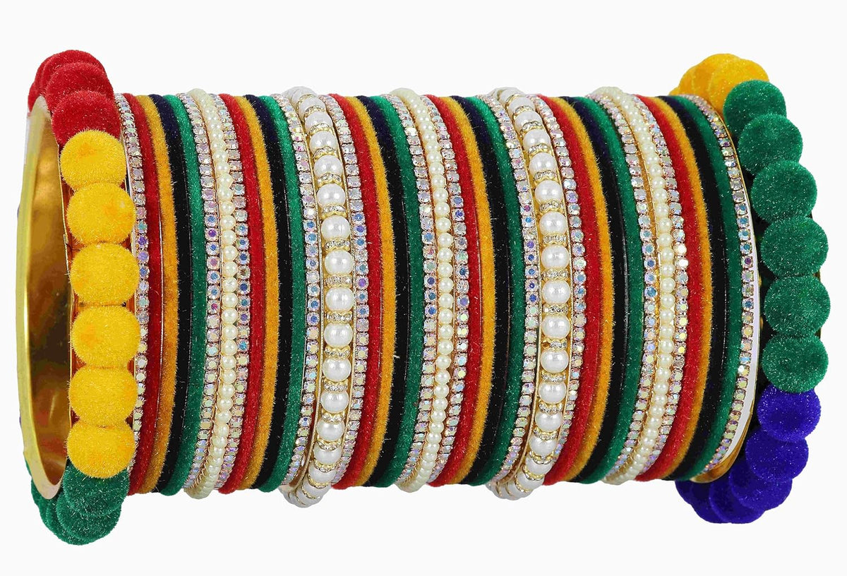NMII Premium White Stone & Pearls Moti Velvet Bangles Bridal Chuda Set For Women & Girls | AD Chuda Set | Bangles For Women Traditional | Bangles For Wedding, Party, Occasion Jewellery- Set of 86