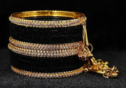 NMII Metal with Zircon Gemstone and Velvet Studded Bells Latkan Bangles Set For Girls and Women I Latkan Bangles, Premium Bangle Bracelet Set I Pack of 16 Bangles